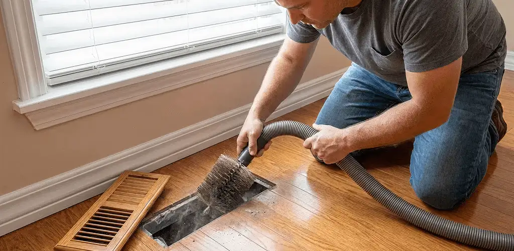 Air duct cleaning technician vacuuming a floor vent and duct opening in Toledo, OH