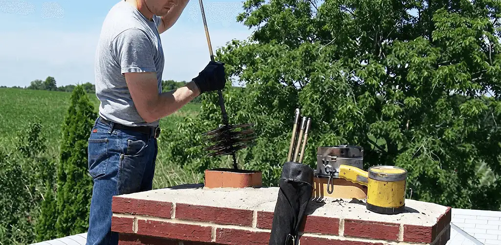 Chimney cleaning technician working on a rooftop chimney with professional tools in Toledo, OH