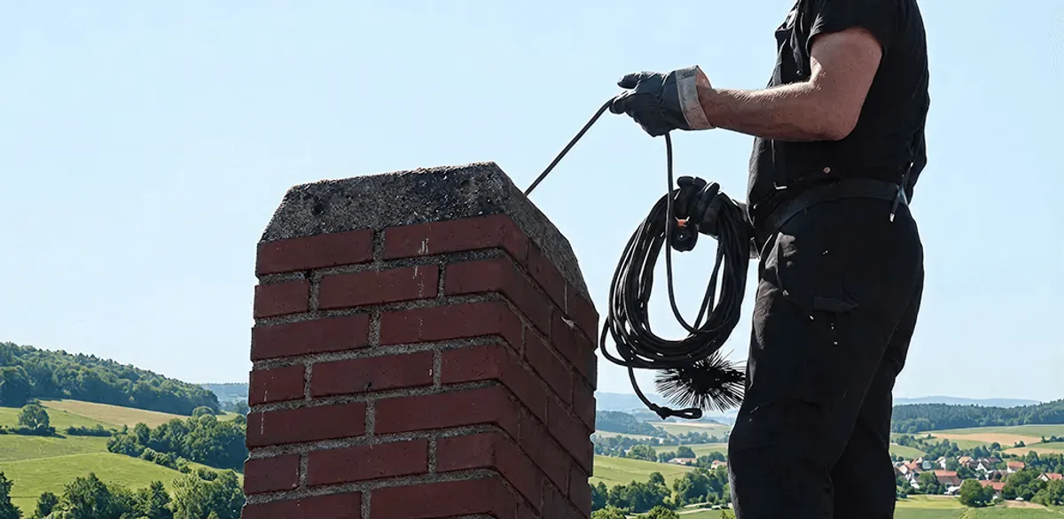 Chimney sweep inspecting and cleaning a rooftop chimney in Toledo, OH
