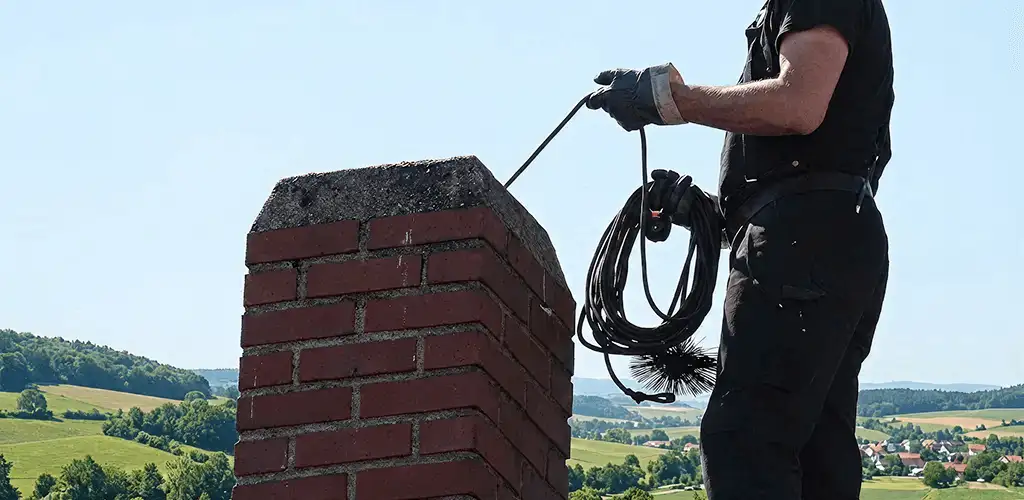 Chimney sweep inspecting and cleaning a rooftop chimney in Toledo, OH