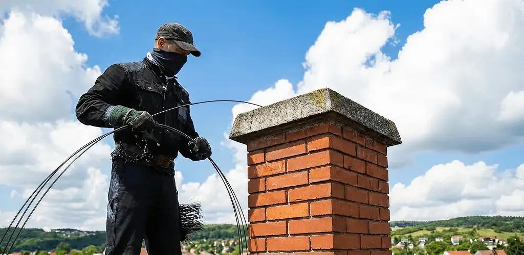 Chimney sweep cleaning a brick chimney with professional tools in Toledo, OH