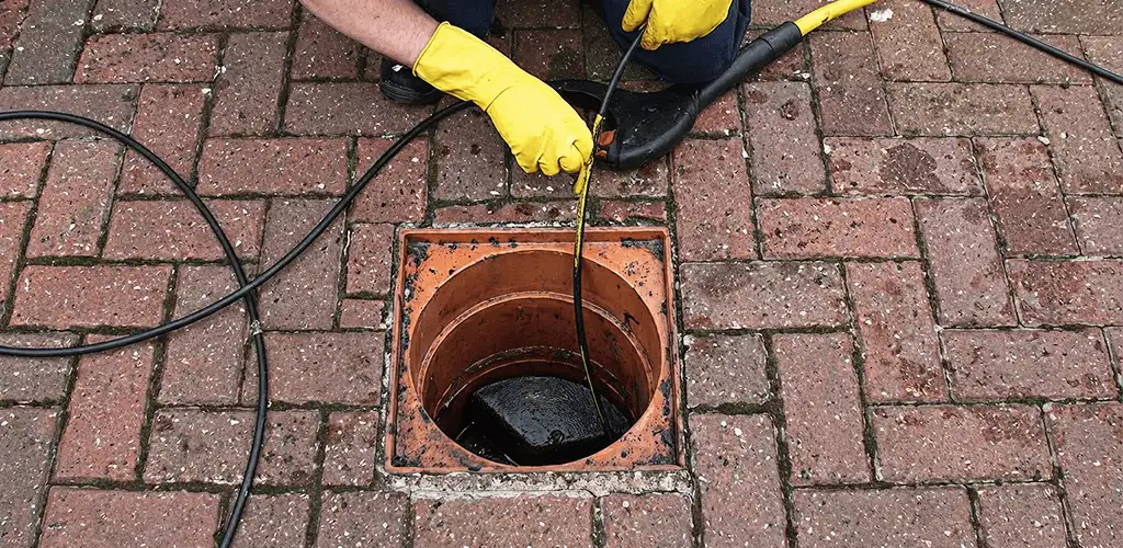 Drain cleaning technician using a drain snake to clear a clogged drain in Toledo, OH