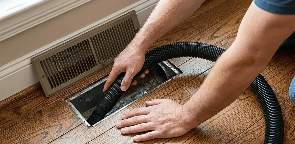 Air duct cleaning technician vacuuming a floor register and duct opening in Toledo, OH