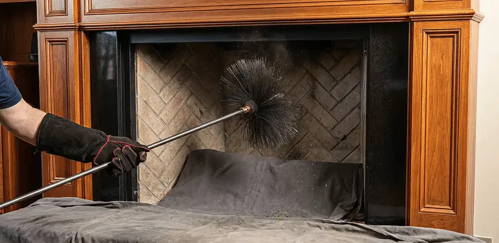 Chimney cleaning service brushing soot from a fireplace and flue in Toledo, OH