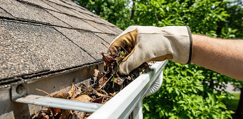 Gutter cleaning removing leaves and debris from roof gutters in Toledo, OH