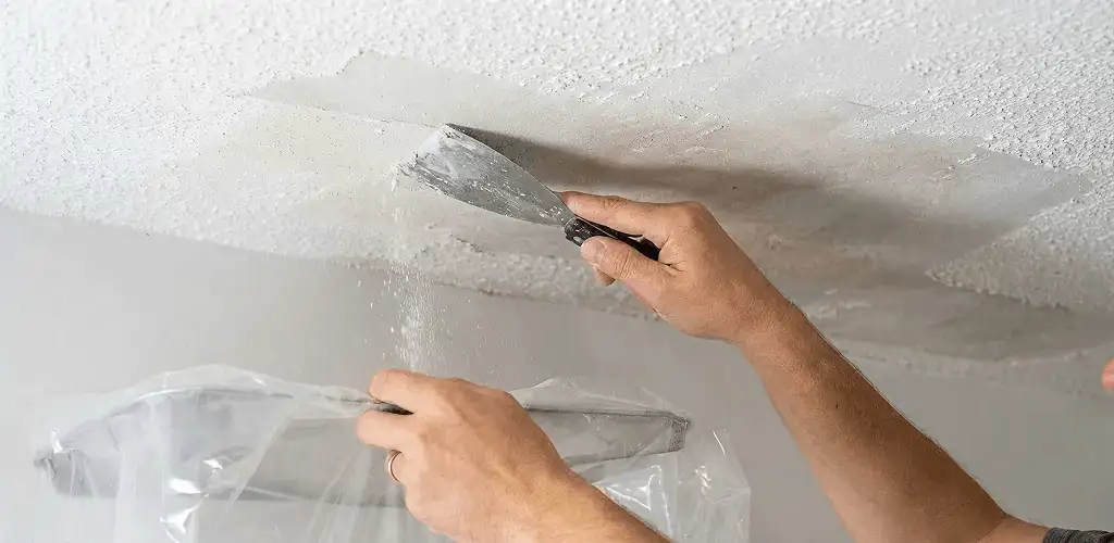 Popcorn ceiling removal technician scraping texture from a ceiling in Toledo, OH