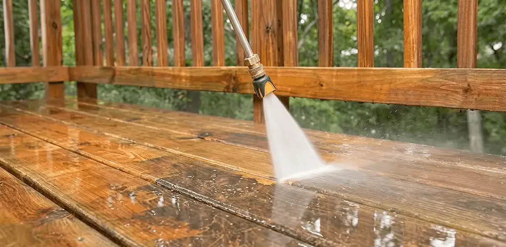 Pressure washing a wood deck to remove dirt and buildup in Toledo, OH