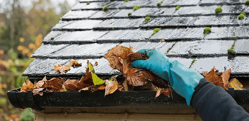 Gutter cleaning technician clearing wet leaves from roof gutters in Toledo, OH