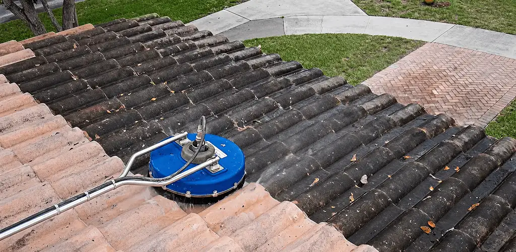 Roof pressure cleaning removing debris and buildup from roof tiles in Toledo, OH