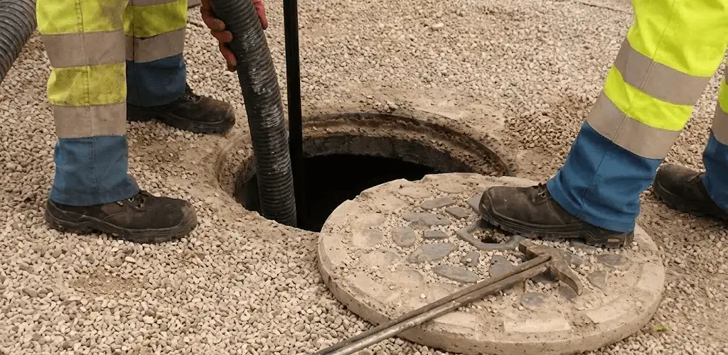 Drain cleaning crew clearing a sewer access point with professional equipment in Toledo, OH