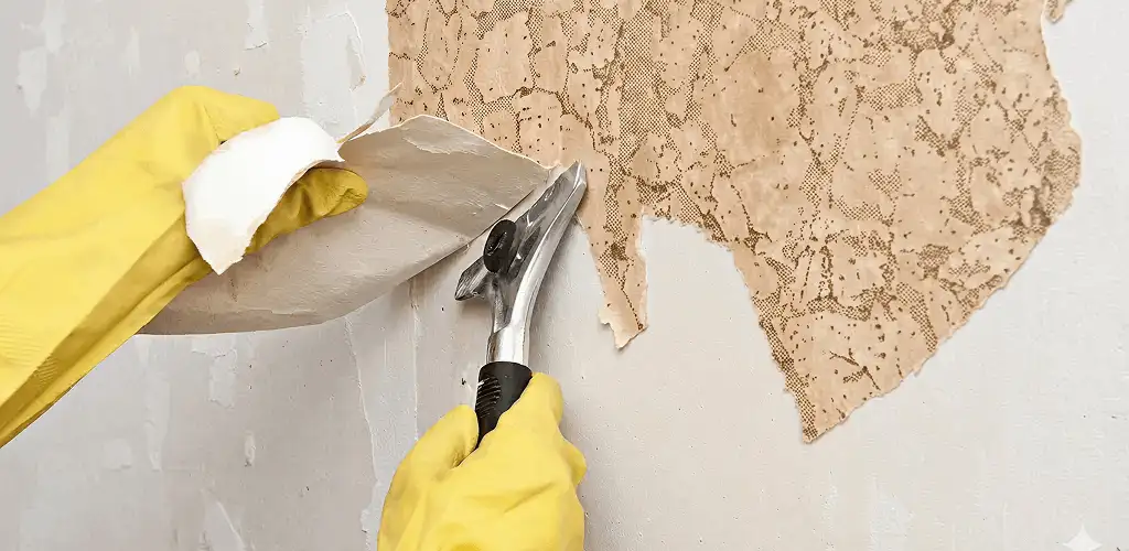 Wallpaper removal service stripping old wallpaper from a wall in Toledo, OH