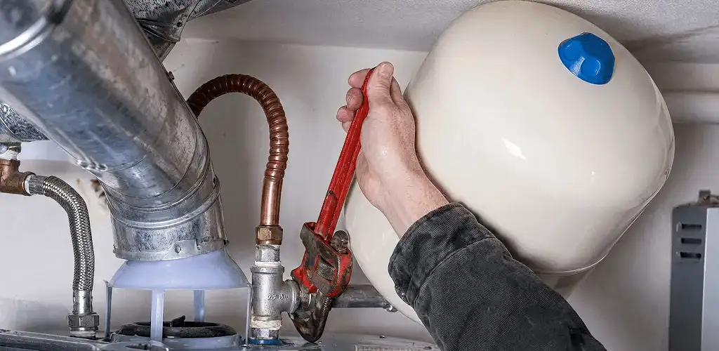 Water heater repair technician tightening plumbing connections near a tank unit in Toledo, OH